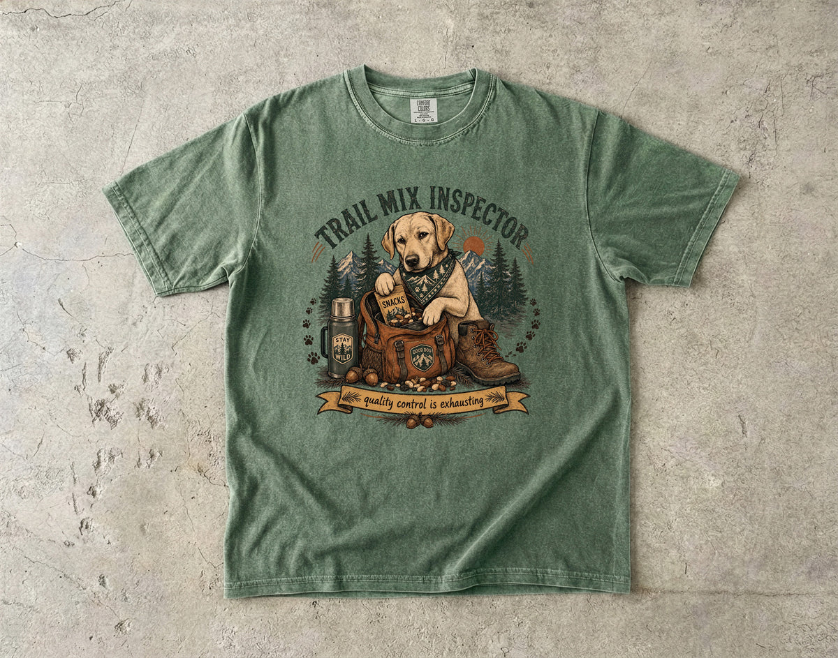Trail Mix Inspector T-Shirt | Funny Yellow Lab Hiking Shirt | Camping Dog Lover Gift | Comfort Colors Unisex Tee