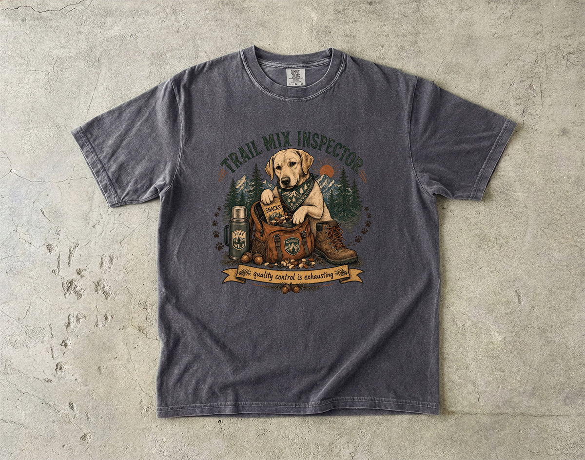 Trail Mix Inspector T-Shirt | Funny Yellow Lab Hiking Shirt | Camping Dog Lover Gift | Comfort Colors Unisex Tee
