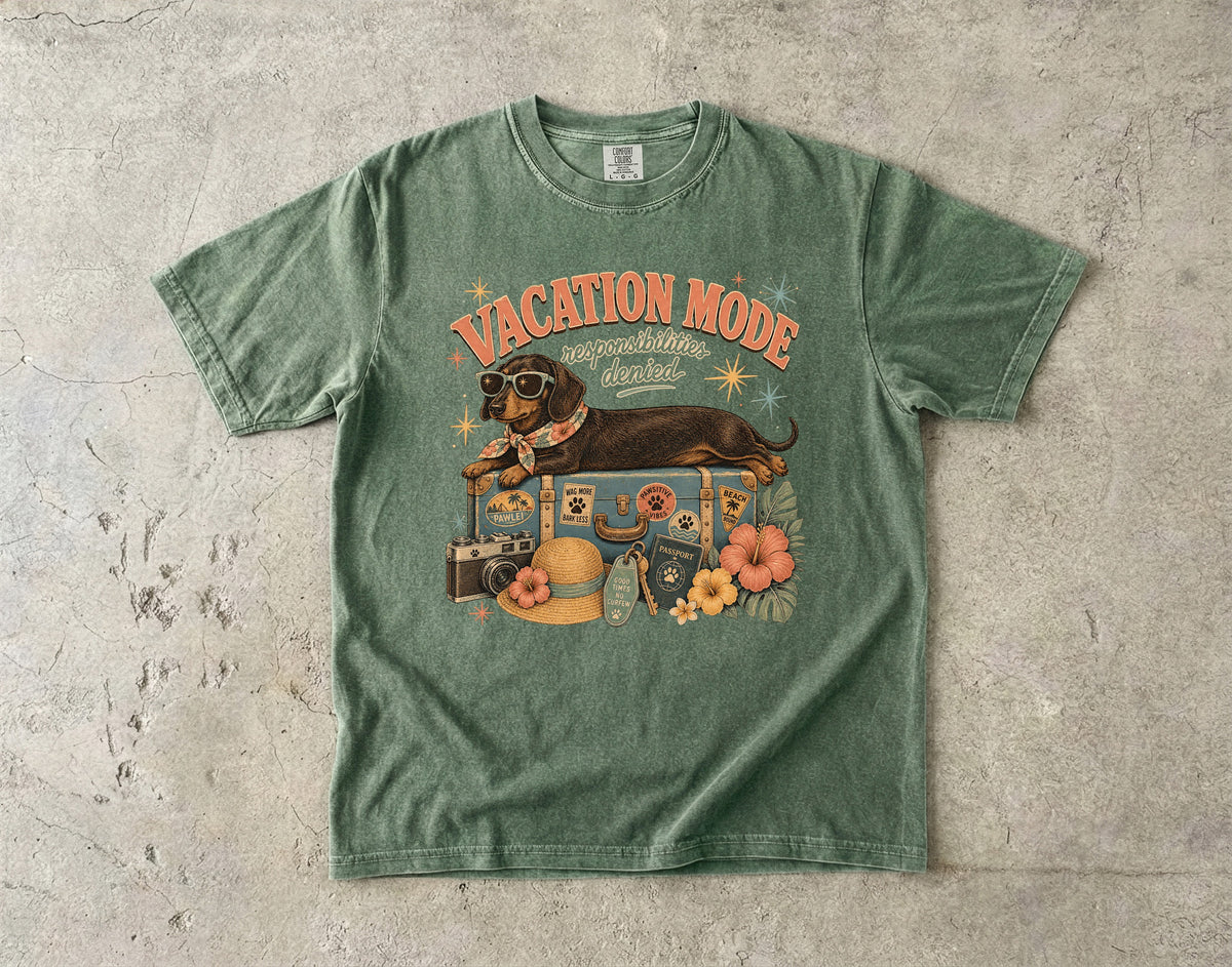 Vacation Mode Responsibilities Denied T-Shirt | Funny Dachshund Shirt | Tropical Summer Dog Lover Gift | Comfort Colors Unisex Tee