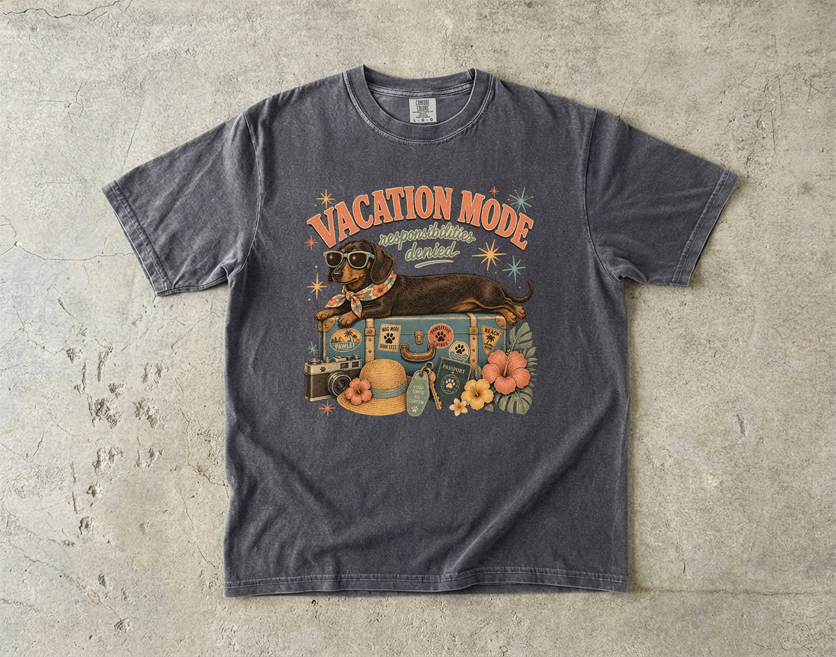 Vacation Mode Responsibilities Denied T-Shirt | Funny Dachshund Shirt | Tropical Summer Dog Lover Gift | Comfort Colors Unisex Tee