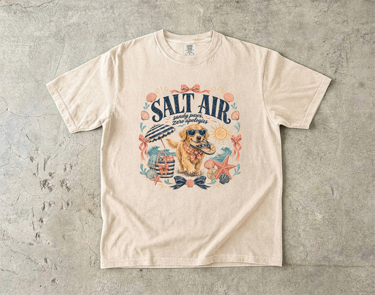 Salt Air Sandy Paws Zero Apologies T-Shirt | Funny Golden Retriever Beach Shirt | Summer Dog Lover Gift | Comfort Colors Unisex Tee