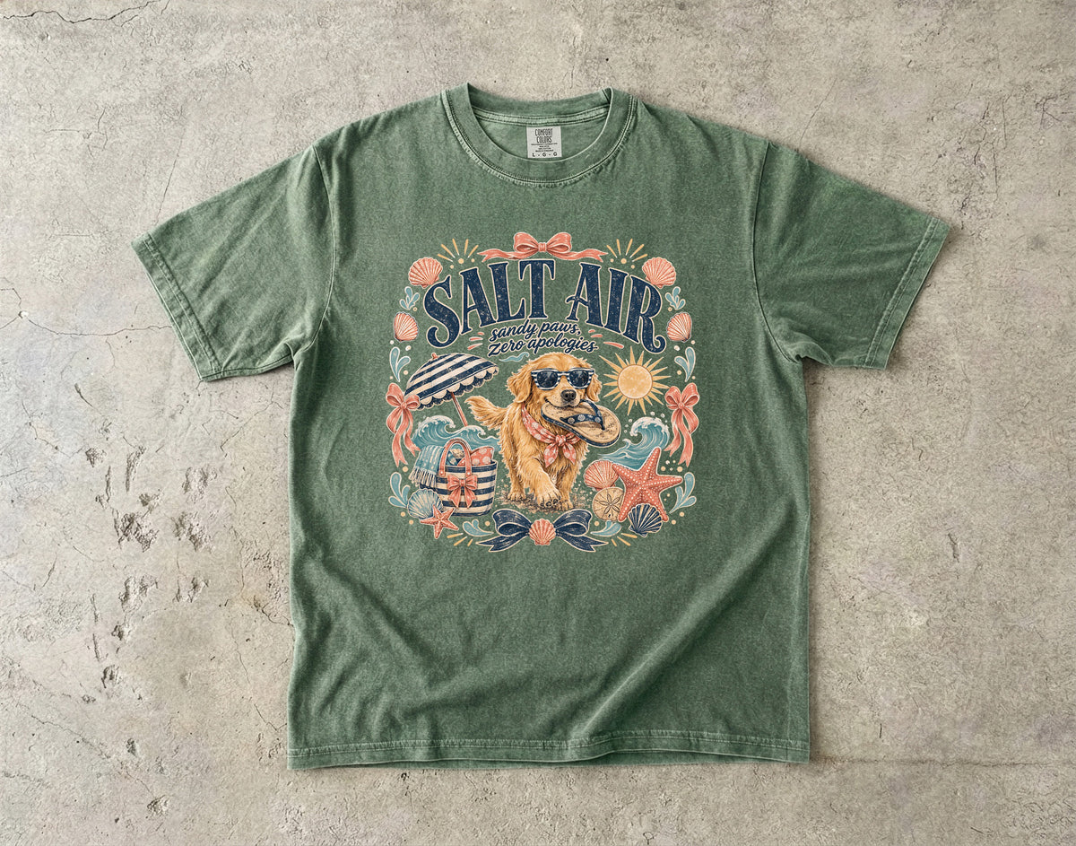 Salt Air Sandy Paws Zero Apologies T-Shirt | Funny Golden Retriever Beach Shirt | Summer Dog Lover Gift | Comfort Colors Unisex Tee