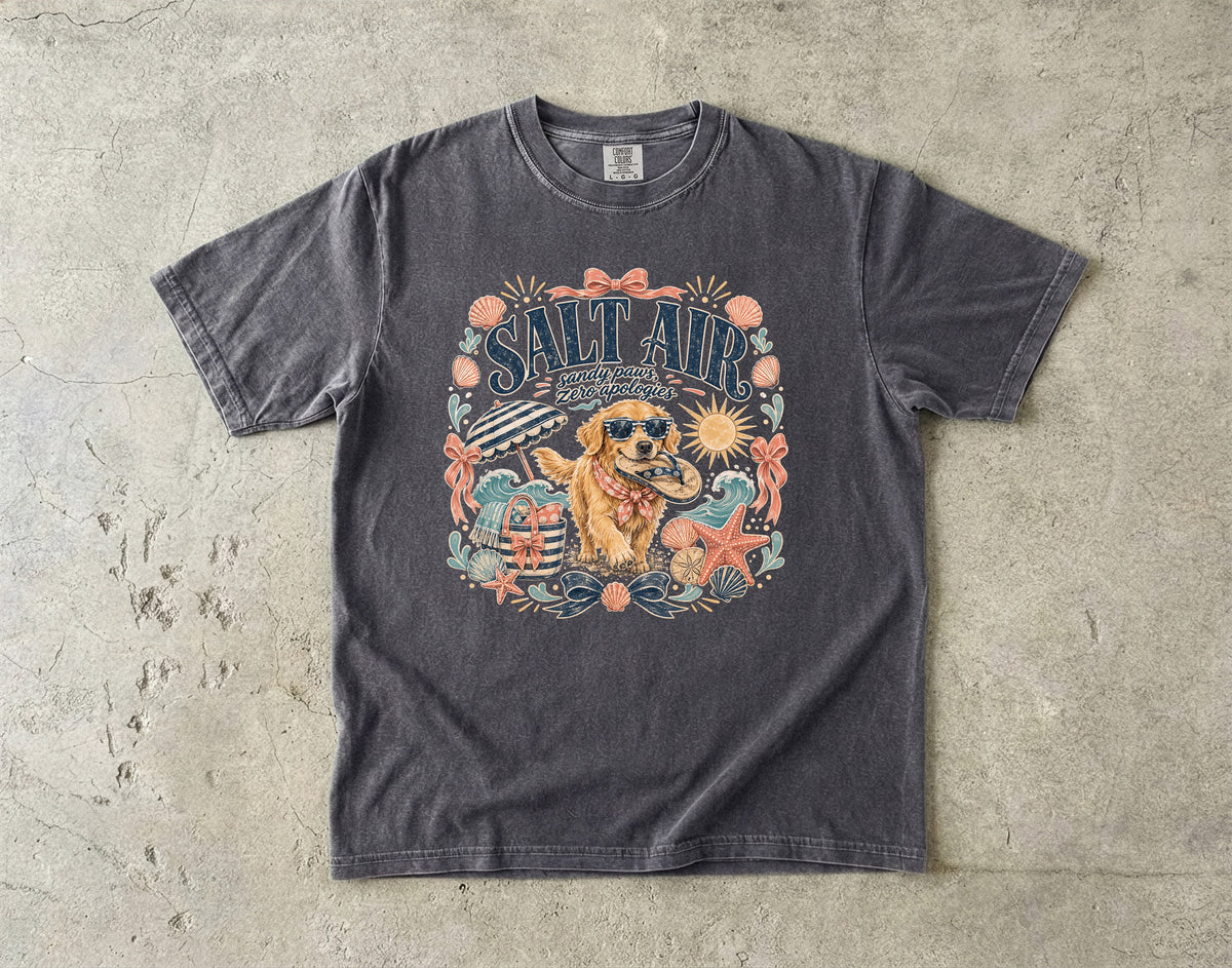 Salt Air Sandy Paws Zero Apologies T-Shirt | Funny Golden Retriever Beach Shirt | Summer Dog Lover Gift | Comfort Colors Unisex Tee