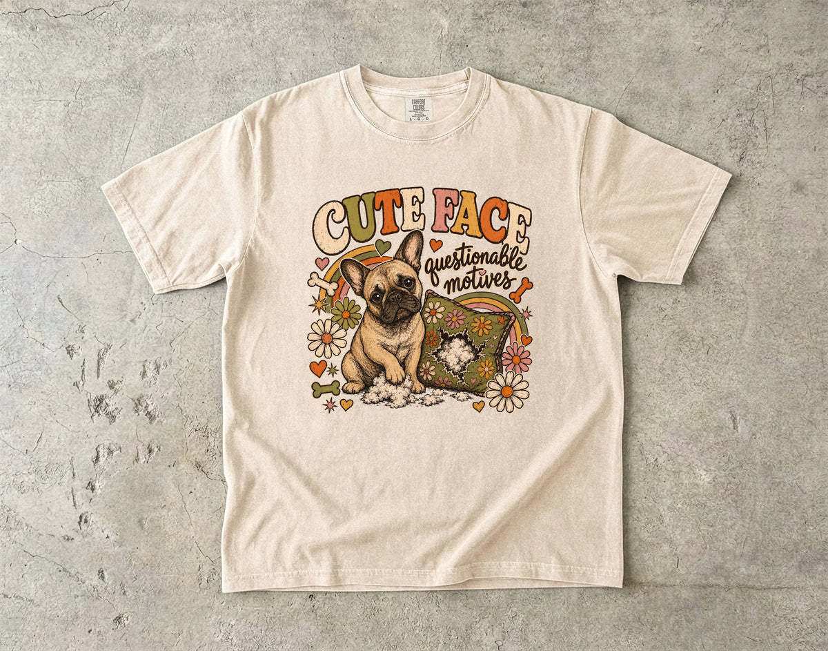 Cute Face Questionable Motives T-Shirt | Funny French Bulldog Shirt | Retro Frenchie Dog Lover Gift | Comfort Colors Unisex Tee