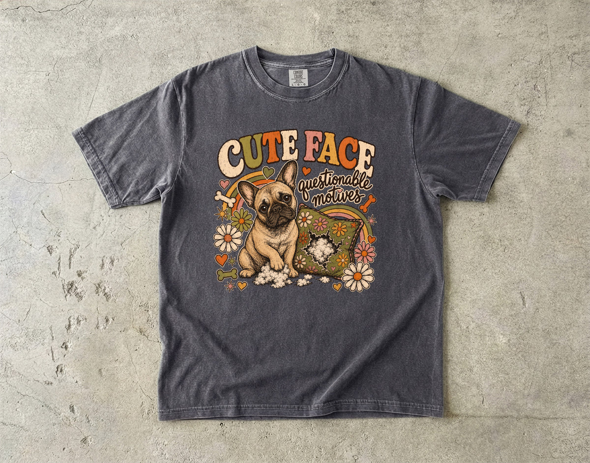 Cute Face Questionable Motives T-Shirt | Funny French Bulldog Shirt | Retro Frenchie Dog Lover Gift | Comfort Colors Unisex Tee