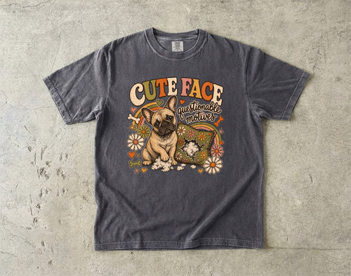 Cute Face Questionable Motives T-Shirt | Funny French Bulldog Shirt | Retro Frenchie Dog Lover Gift | Comfort Colors Unisex Tee