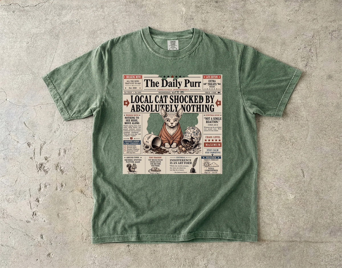 The Daily Purr Local Cat Shocked by Absolutely Nothing T-Shirt | Funny Sphynx Cat Newspaper Shirt | Comfort Colors Unisex Tee