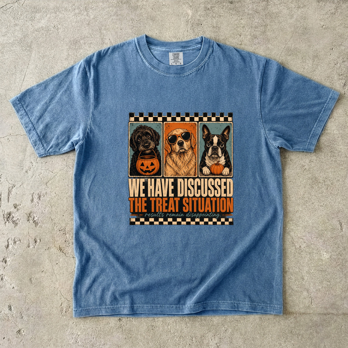 We Have Discussed The Treat Situation Funny Halloween Dog Shirt | Vintage Retro Three Dogs Tee | Sarcastic Dog Mom Halloween Shirt