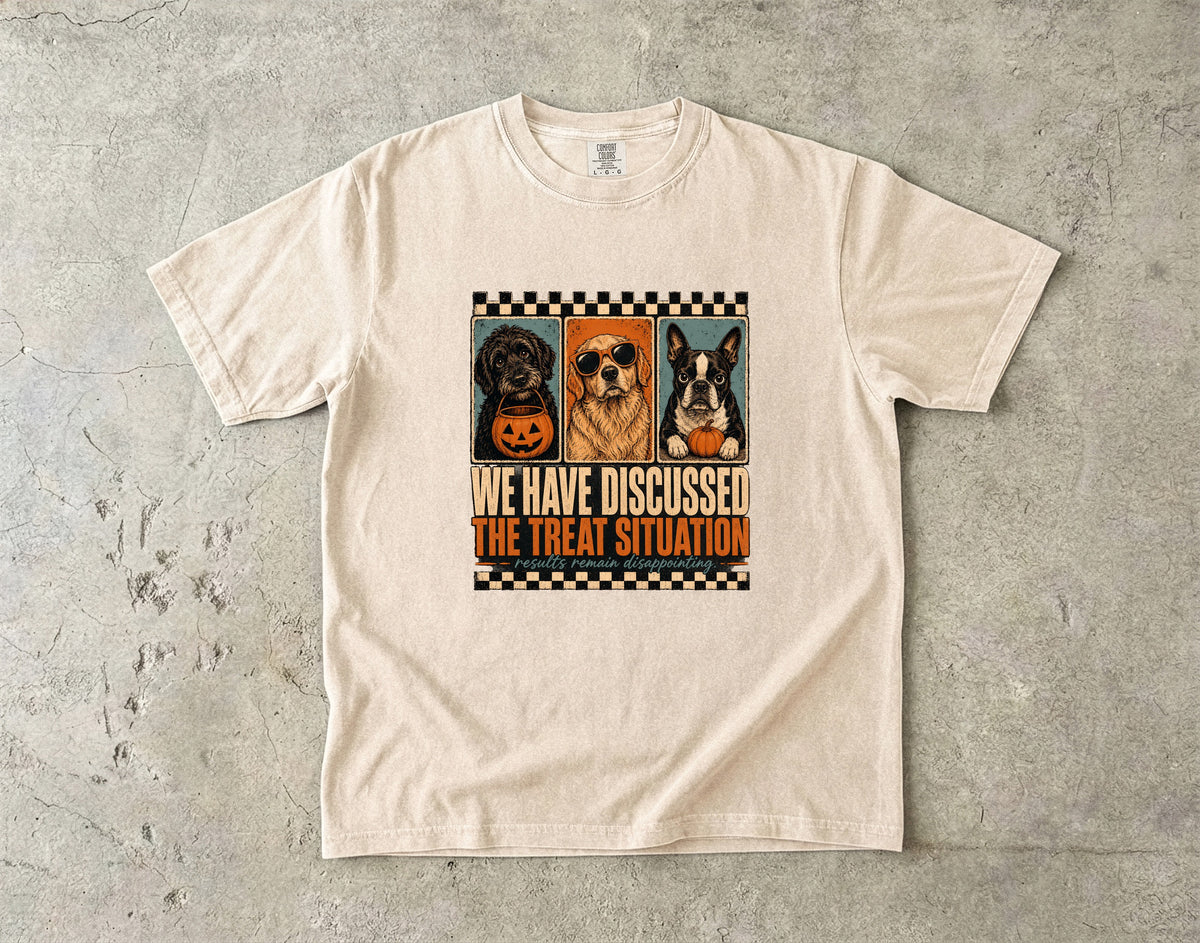 We Have Discussed The Treat Situation Funny Halloween Dog Shirt | Vintage Retro Three Dogs Tee | Sarcastic Dog Mom Halloween Shirt