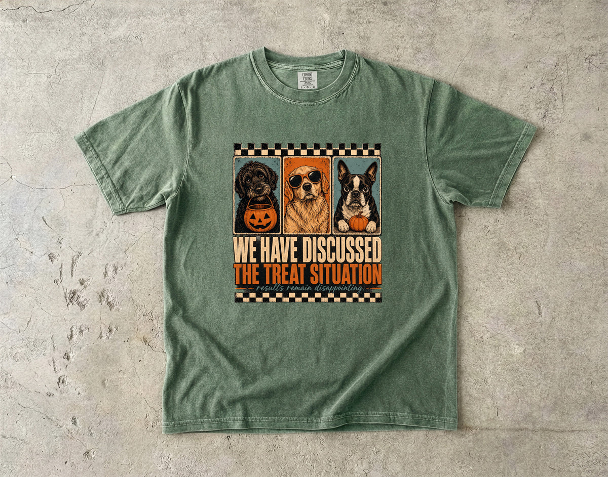 We Have Discussed The Treat Situation Funny Halloween Dog Shirt | Vintage Retro Three Dogs Tee | Sarcastic Dog Mom Halloween Shirt