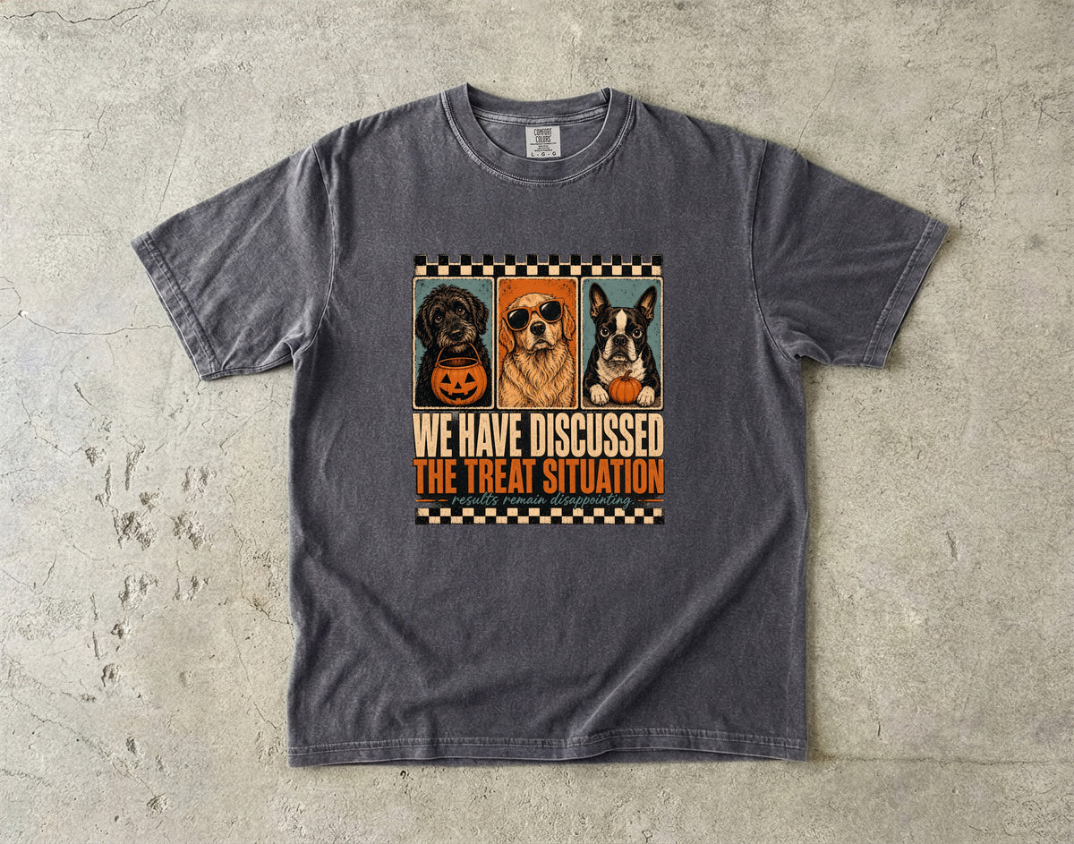 We Have Discussed The Treat Situation Funny Halloween Dog Shirt | Vintage Retro Three Dogs Tee | Sarcastic Dog Mom Halloween Shirt