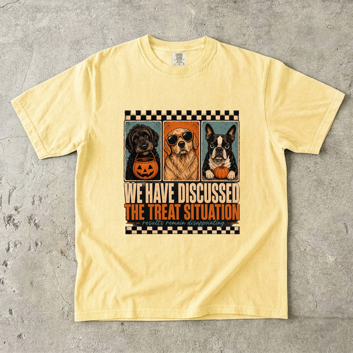 We Have Discussed The Treat Situation Funny Halloween Dog Shirt | Vintage Retro Three Dogs Tee | Sarcastic Dog Mom Halloween Shirt