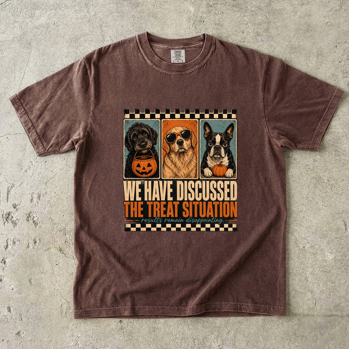 We Have Discussed The Treat Situation Funny Halloween Dog Shirt | Vintage Retro Three Dogs Tee | Sarcastic Dog Mom Halloween Shirt