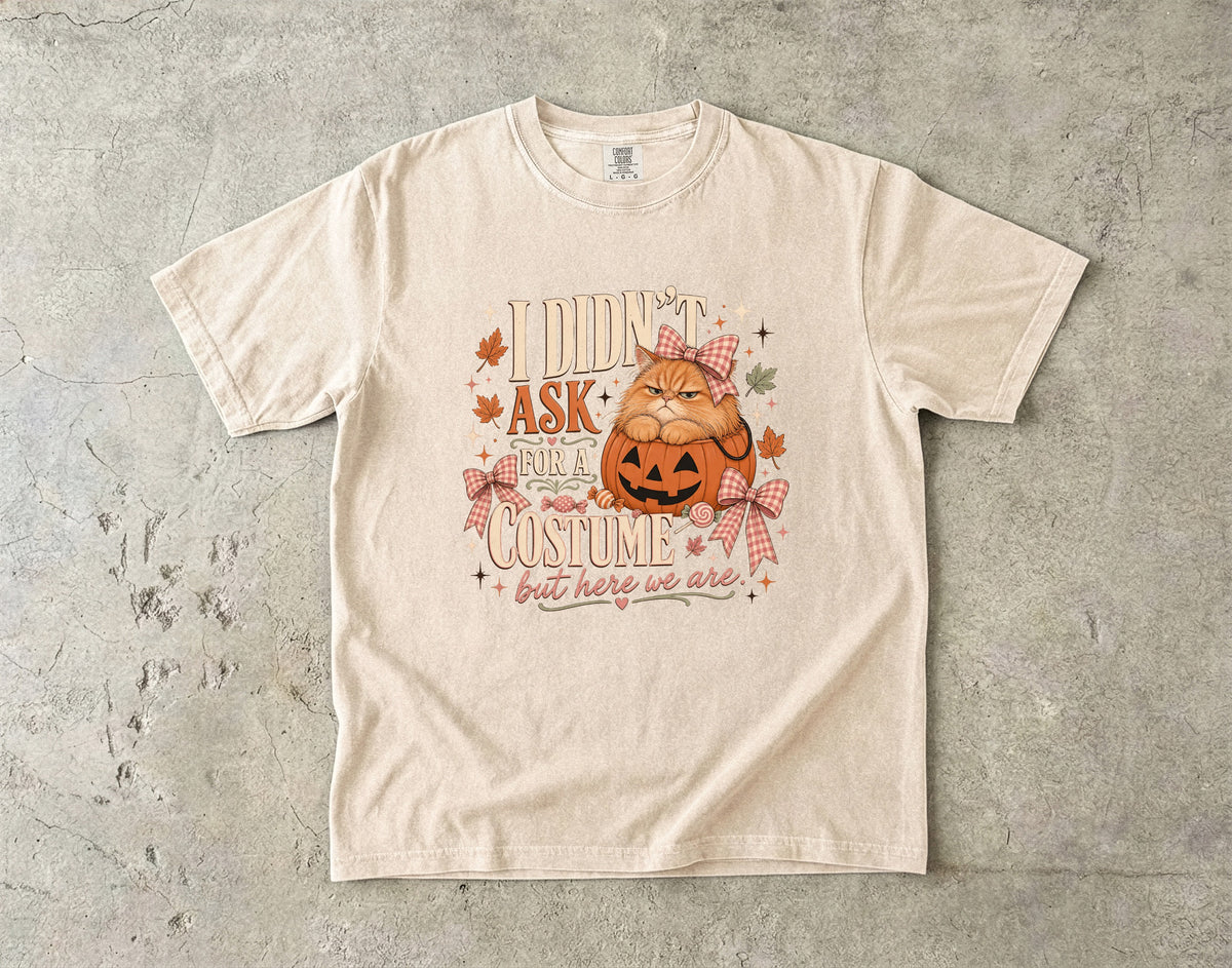 I Didn't Ask For A Costume But Here We Are Funny Cat Halloween Shirt | Grumpy Orange Cat Pumpkin Tee | Cute Cat Mom Halloween Shirt