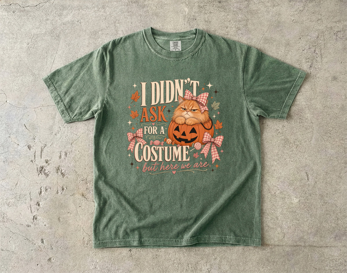 I Didn't Ask For A Costume But Here We Are Funny Cat Halloween Shirt | Grumpy Orange Cat Pumpkin Tee | Cute Cat Mom Halloween Shirt
