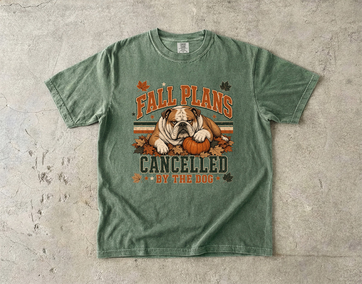 Fall Plans Cancelled By The Dog Funny Bulldog Fall Shirt | Vintage Varsity English Bulldog Tee | Funny Dog Mom Autumn Shirt