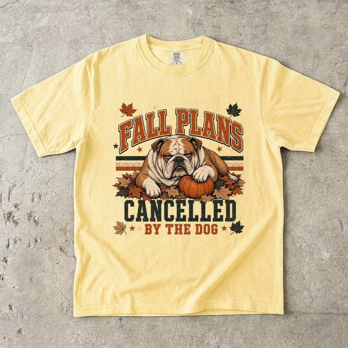Fall Plans Cancelled By The Dog Funny Bulldog Fall Shirt | Vintage Varsity English Bulldog Tee | Funny Dog Mom Autumn Shirt