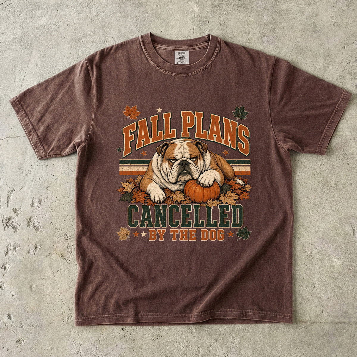 Fall Plans Cancelled By The Dog Funny Bulldog Fall Shirt | Vintage Varsity English Bulldog Tee | Funny Dog Mom Autumn Shirt