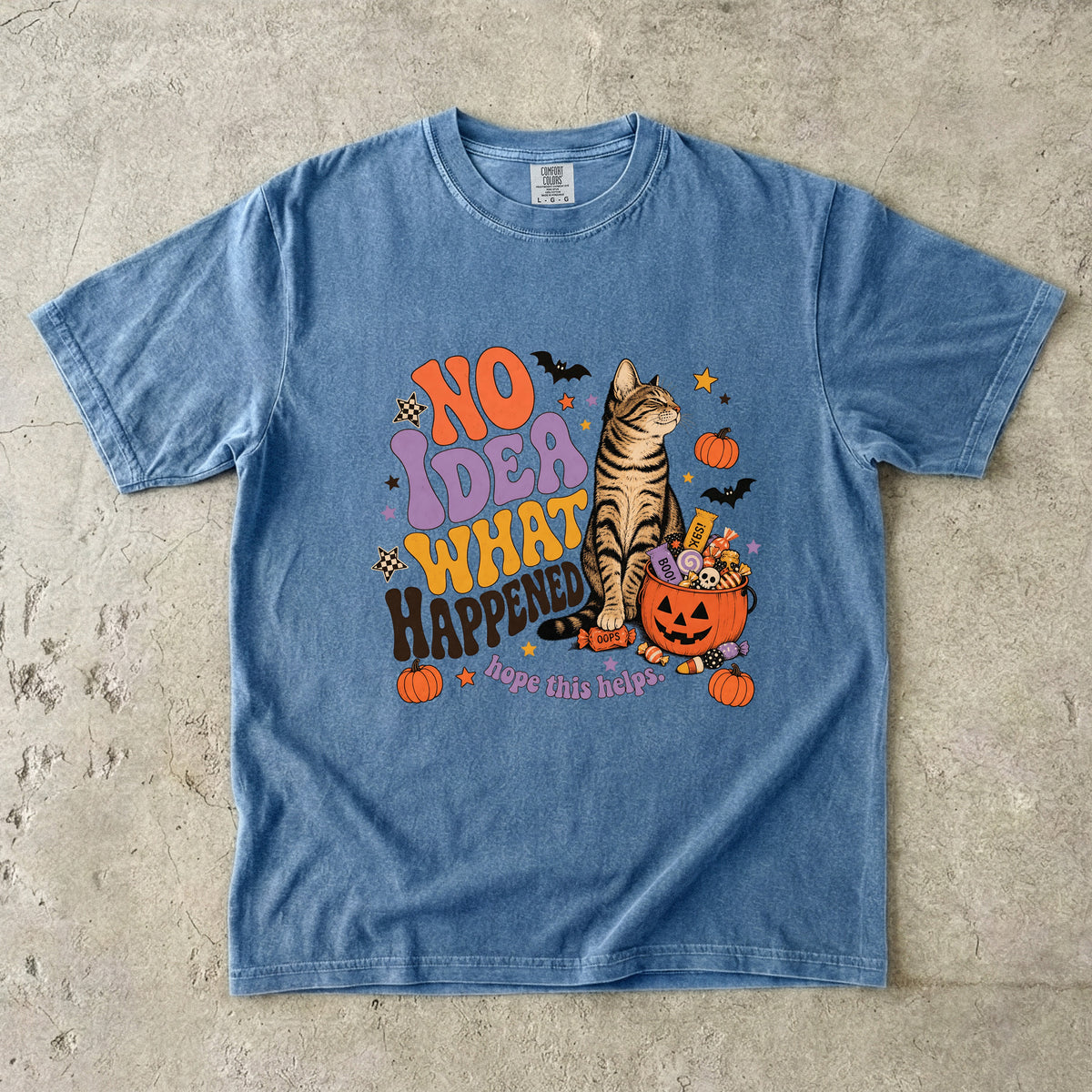 No Idea What Happened Hope This Helps Funny Cat Halloween Shirt | Retro Groovy Tabby Cat Candy Tee | Funny Cat Mom Halloween Shirt