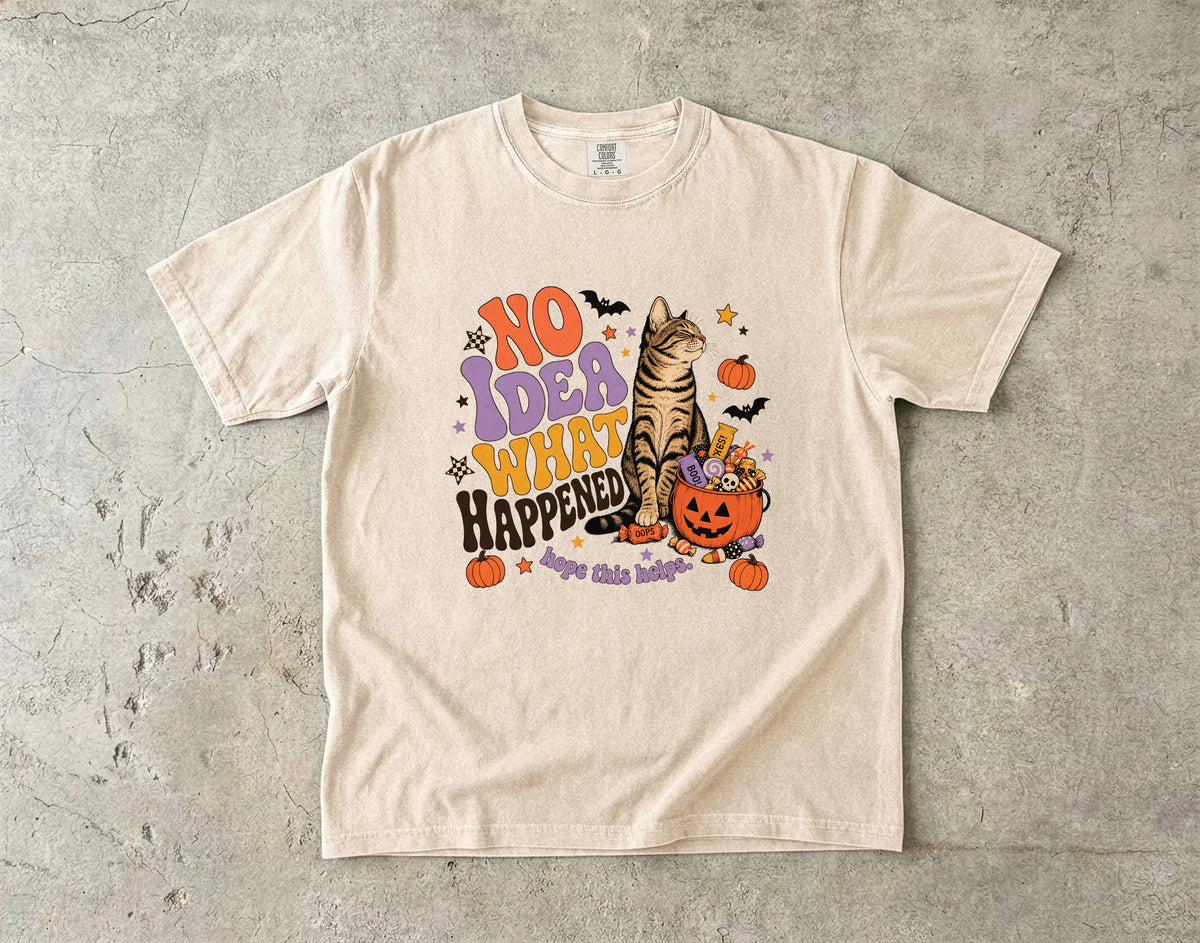 No Idea What Happened Hope This Helps Funny Cat Halloween Shirt | Retro Groovy Tabby Cat Candy Tee | Funny Cat Mom Halloween Shirt