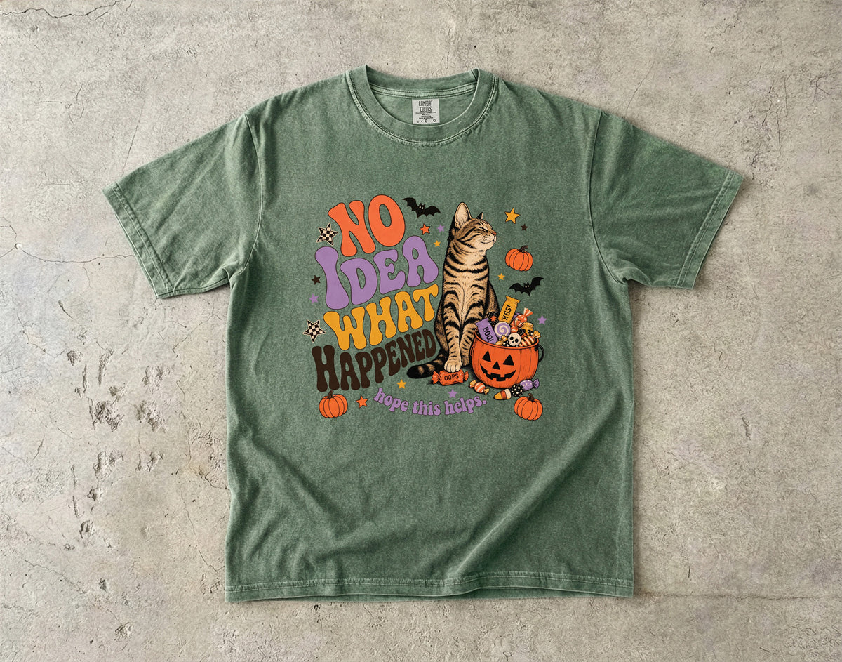 No Idea What Happened Hope This Helps Funny Cat Halloween Shirt | Retro Groovy Tabby Cat Candy Tee | Funny Cat Mom Halloween Shirt