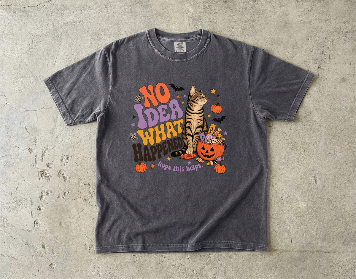 No Idea What Happened Hope This Helps Funny Cat Halloween Shirt | Retro Groovy Tabby Cat Candy Tee | Funny Cat Mom Halloween Shirt