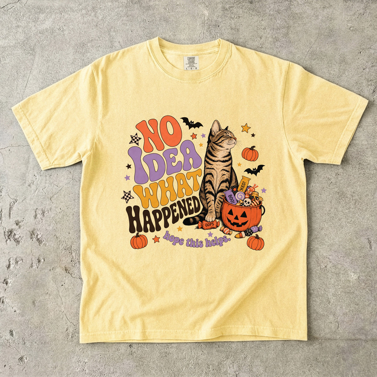 No Idea What Happened Hope This Helps Funny Cat Halloween Shirt | Retro Groovy Tabby Cat Candy Tee | Funny Cat Mom Halloween Shirt