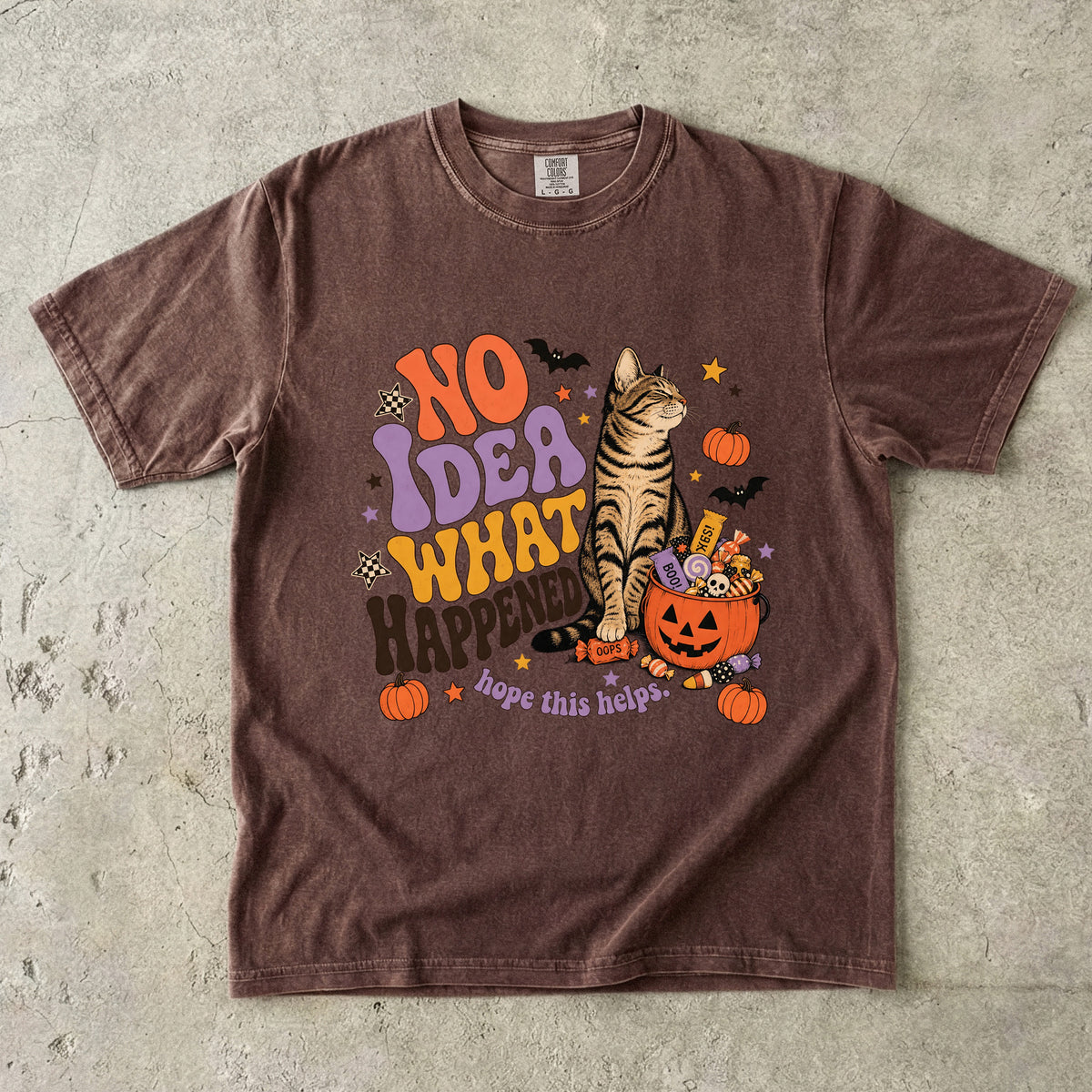 No Idea What Happened Hope This Helps Funny Cat Halloween Shirt | Retro Groovy Tabby Cat Candy Tee | Funny Cat Mom Halloween Shirt