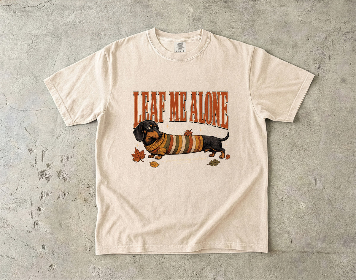 Leaf Me Alone Seasonal Boundary Established Funny Dachshund Fall Shirt | Vintage Sausage Dog Autumn Sweater Tee | Funny Dog Mom Fall Shirt
