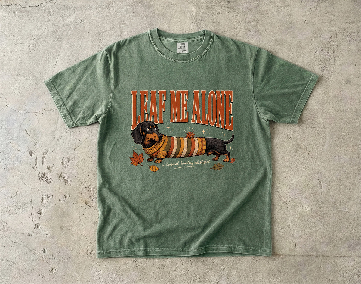 Leaf Me Alone Seasonal Boundary Established Funny Dachshund Fall Shirt | Vintage Sausage Dog Autumn Sweater Tee | Funny Dog Mom Fall Shirt
