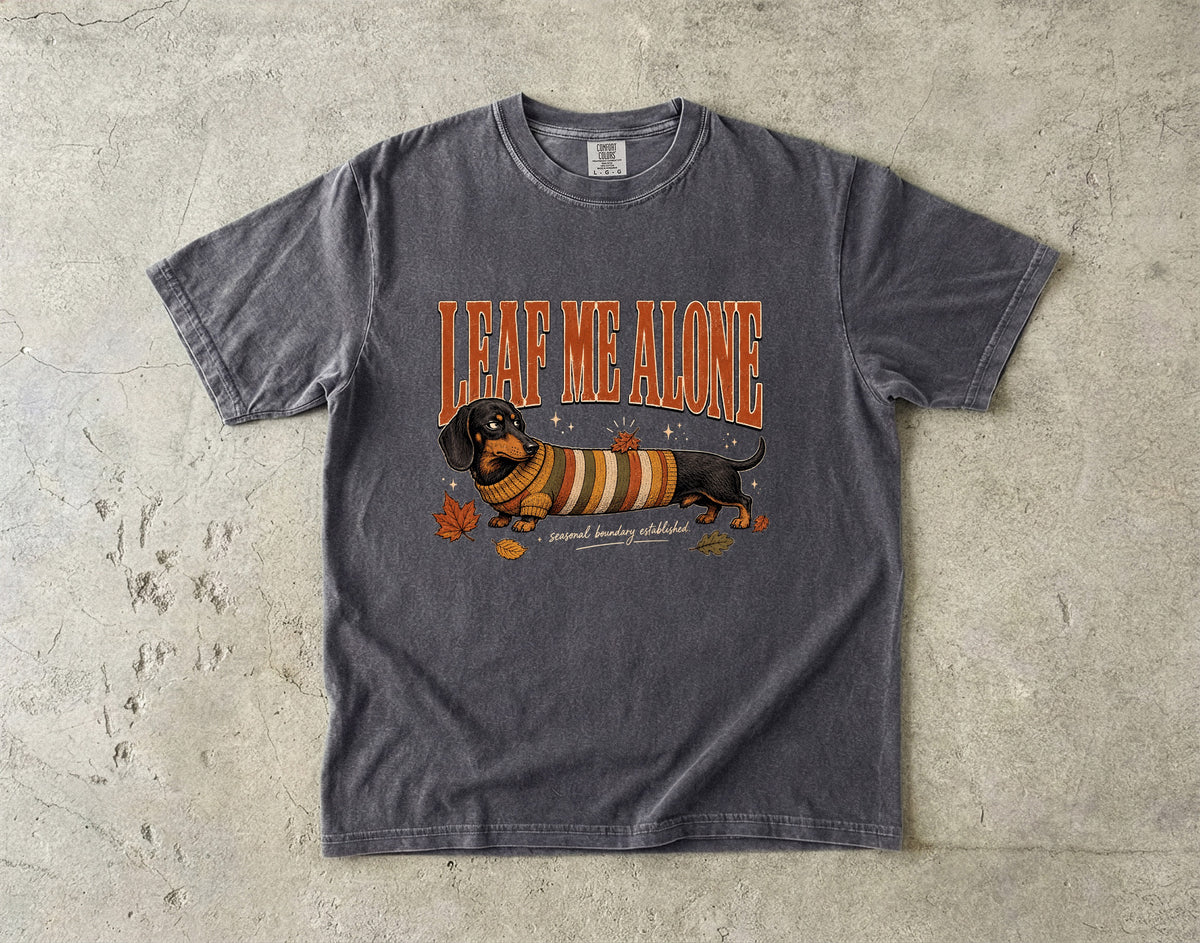 Leaf Me Alone Seasonal Boundary Established Funny Dachshund Fall Shirt | Vintage Sausage Dog Autumn Sweater Tee | Funny Dog Mom Fall Shirt