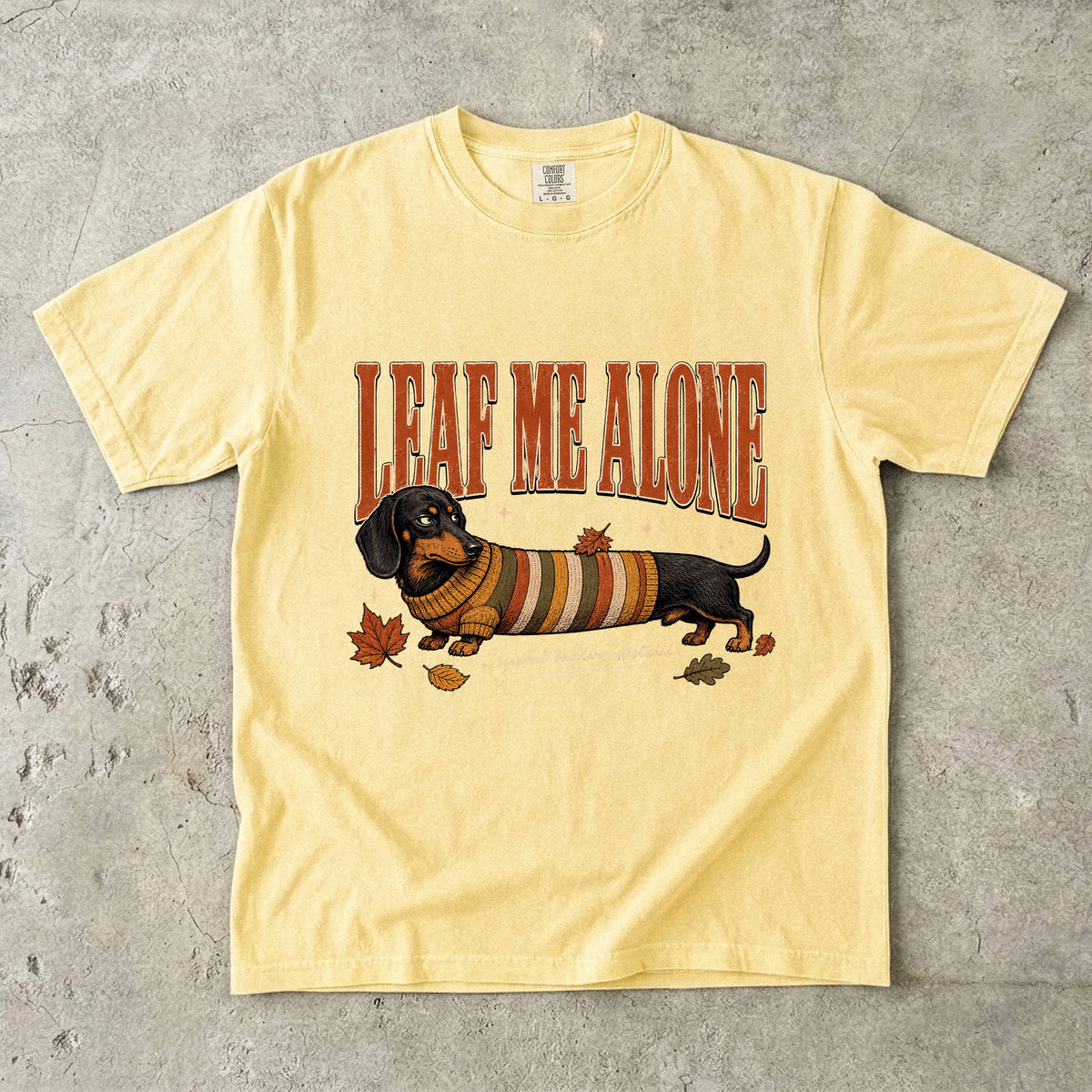 Leaf Me Alone Seasonal Boundary Established Funny Dachshund Fall Shirt | Vintage Sausage Dog Autumn Sweater Tee | Funny Dog Mom Fall Shirt