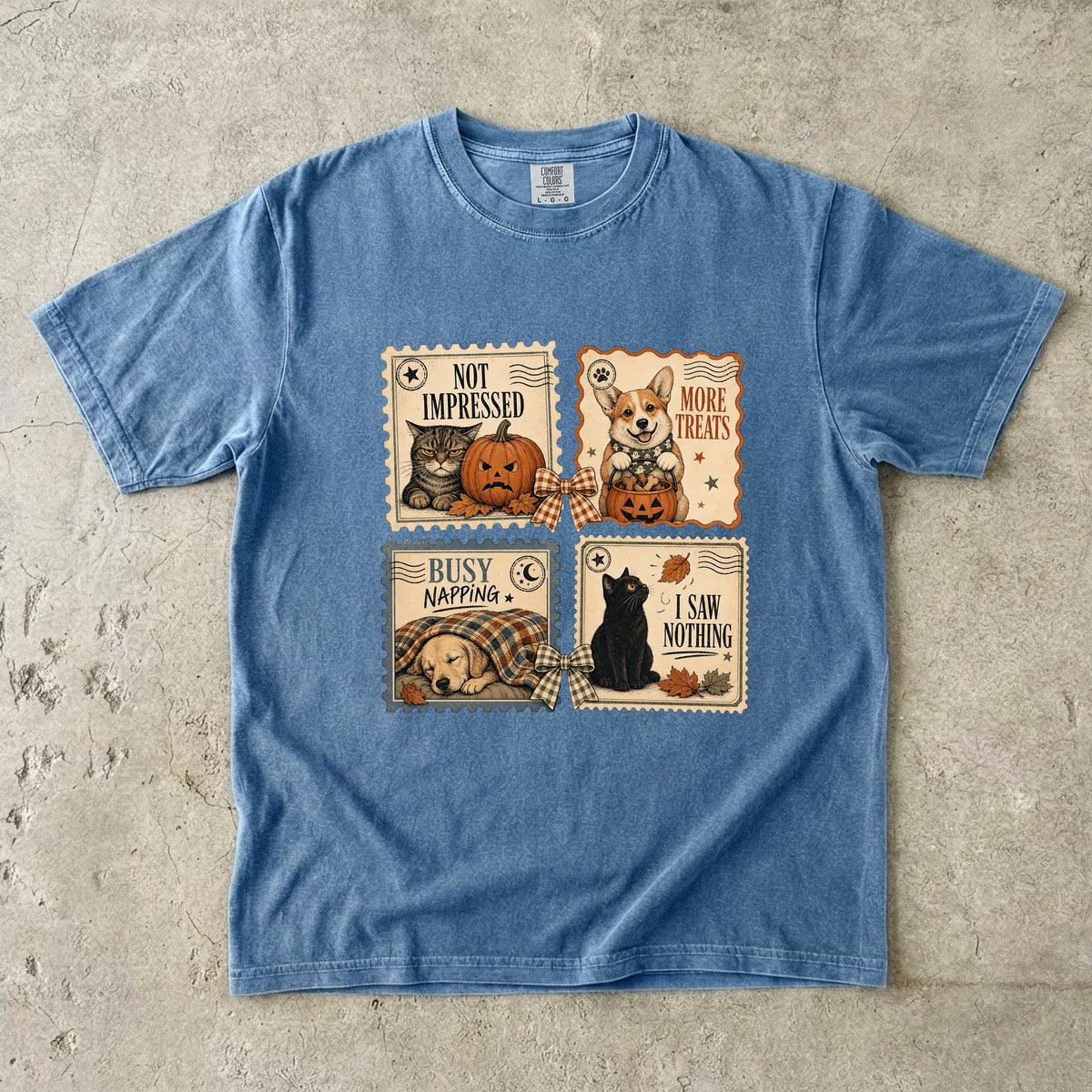 Not Impressed More Treats I Saw Nothing Vintage Postage Stamp Halloween Shirt | Funny Cat & Dog Halloween Tee | Cat Mom Dog Mom Fall Shirt