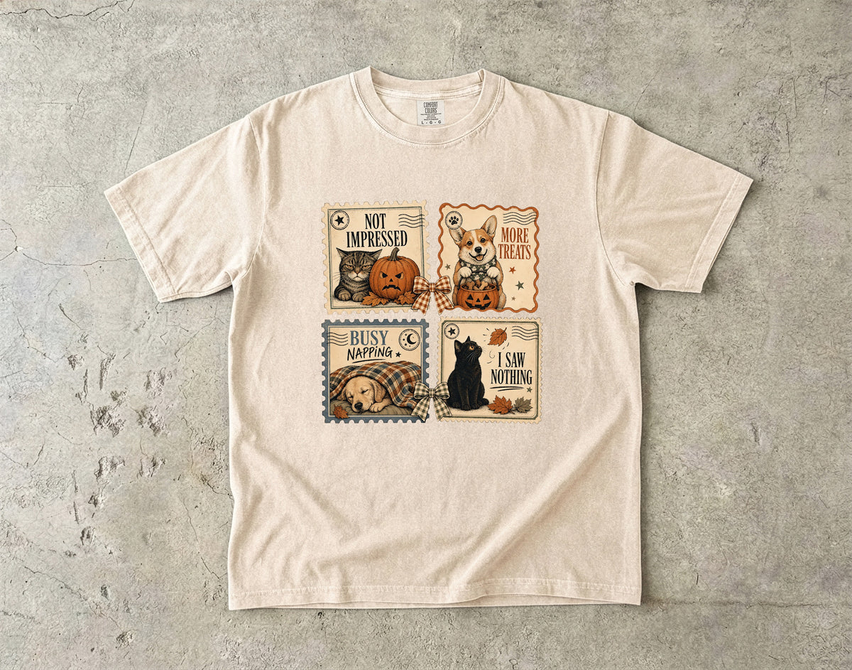 Not Impressed More Treats I Saw Nothing Vintage Postage Stamp Halloween Shirt | Funny Cat & Dog Halloween Tee | Cat Mom Dog Mom Fall Shirt