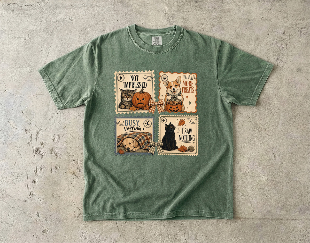 Not Impressed More Treats I Saw Nothing Vintage Postage Stamp Halloween Shirt | Funny Cat & Dog Halloween Tee | Cat Mom Dog Mom Fall Shirt