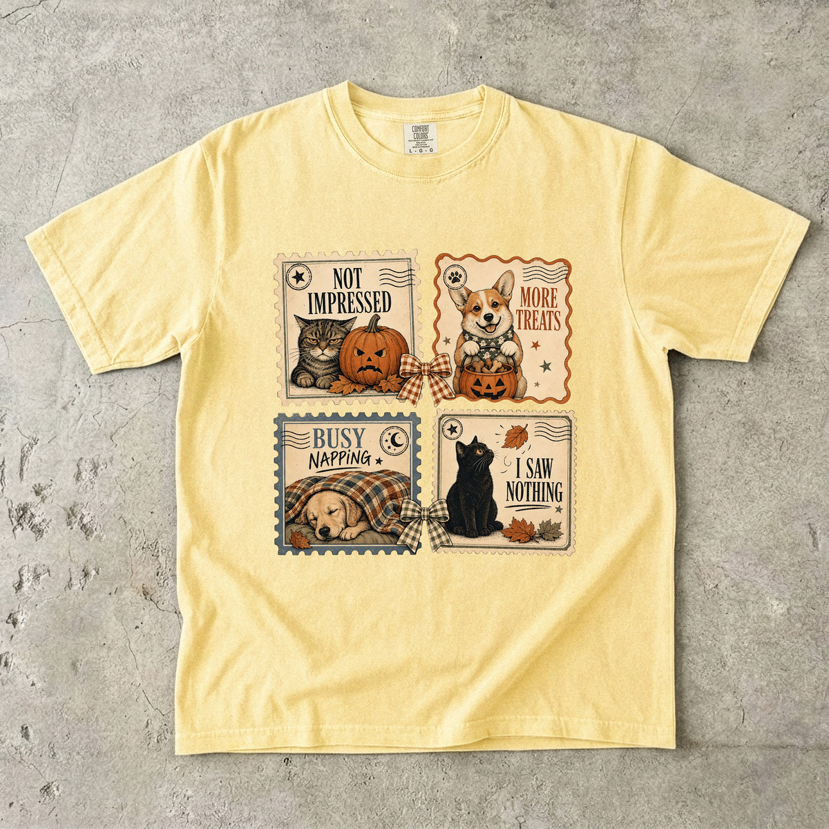 Not Impressed More Treats I Saw Nothing Vintage Postage Stamp Halloween Shirt | Funny Cat & Dog Halloween Tee | Cat Mom Dog Mom Fall Shirt