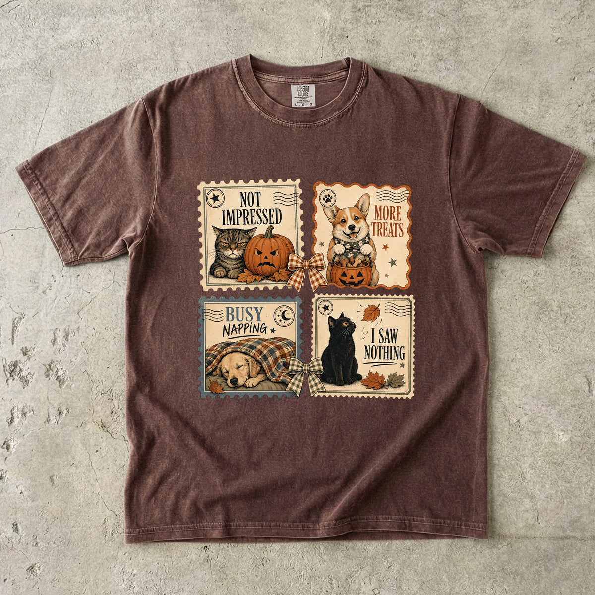Not Impressed More Treats I Saw Nothing Vintage Postage Stamp Halloween Shirt | Funny Cat & Dog Halloween Tee | Cat Mom Dog Mom Fall Shirt