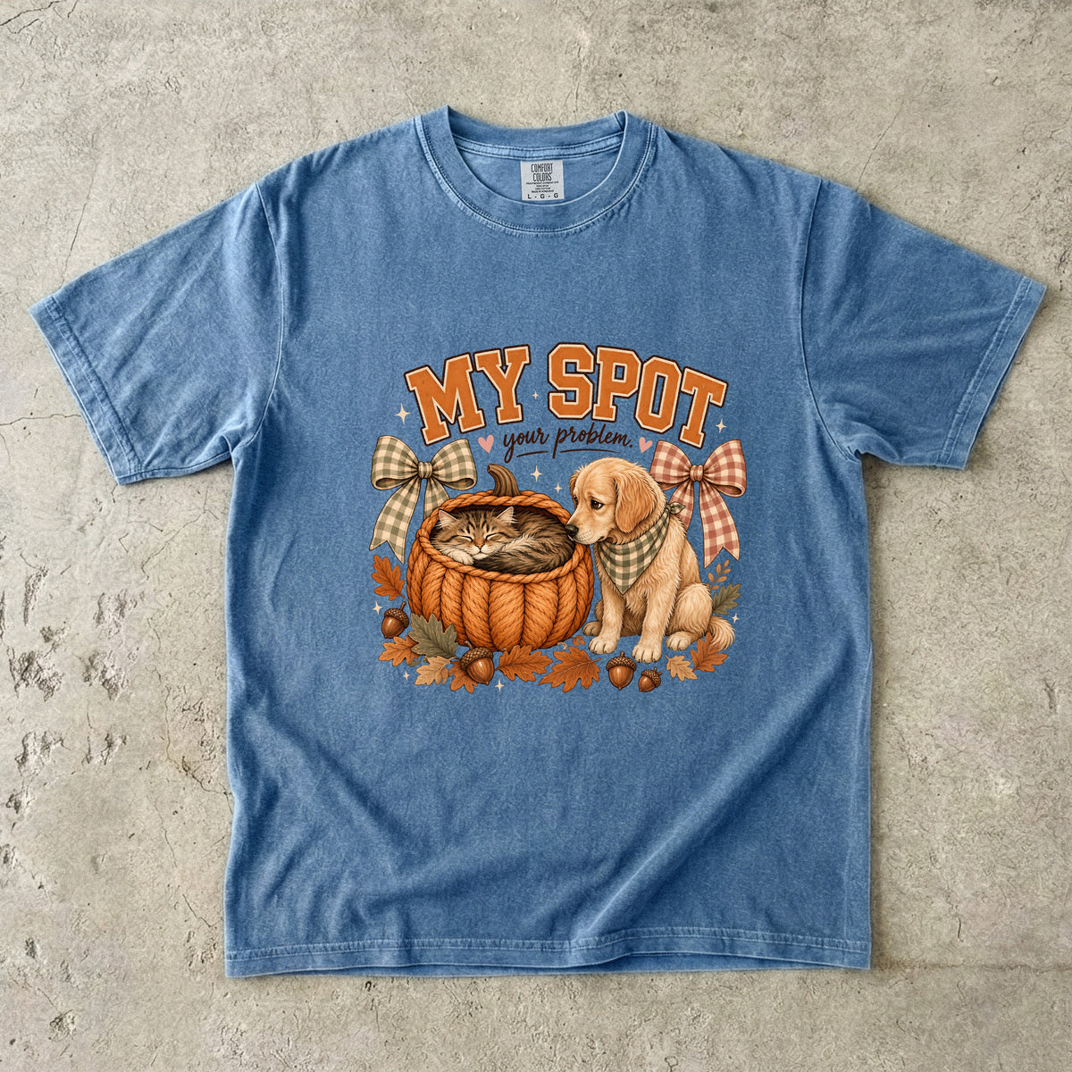 My Spot Your Problem Funny Cat & Dog Fall Shirt | Cute Kitten In Pumpkin Basket Golden Retriever Tee | Cottagecore Cat Mom Dog Mom Shirt