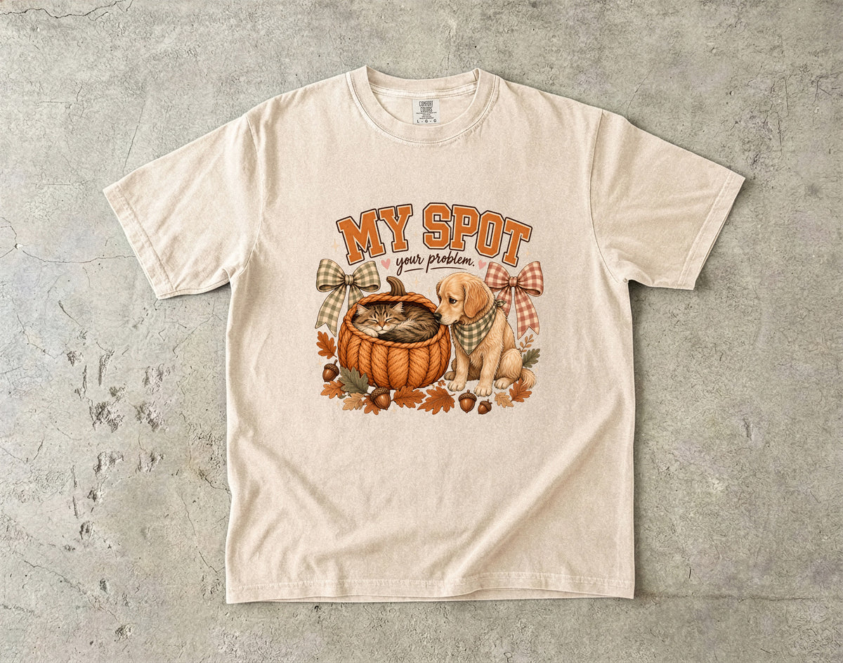 My Spot Your Problem Funny Cat & Dog Fall Shirt | Cute Kitten In Pumpkin Basket Golden Retriever Tee | Cottagecore Cat Mom Dog Mom Shirt