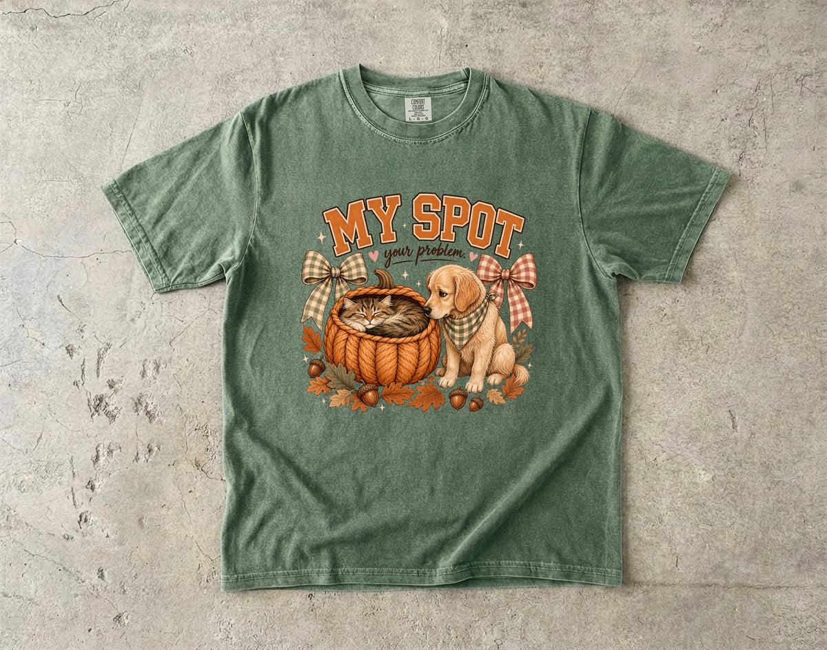 My Spot Your Problem Funny Cat & Dog Fall Shirt | Cute Kitten In Pumpkin Basket Golden Retriever Tee | Cottagecore Cat Mom Dog Mom Shirt