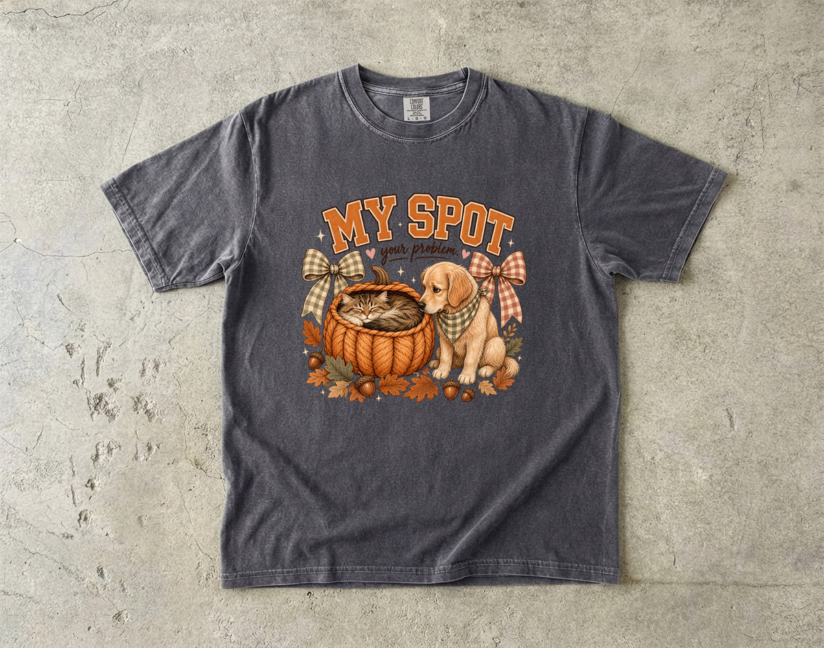 My Spot Your Problem Funny Cat & Dog Fall Shirt | Cute Kitten In Pumpkin Basket Golden Retriever Tee | Cottagecore Cat Mom Dog Mom Shirt