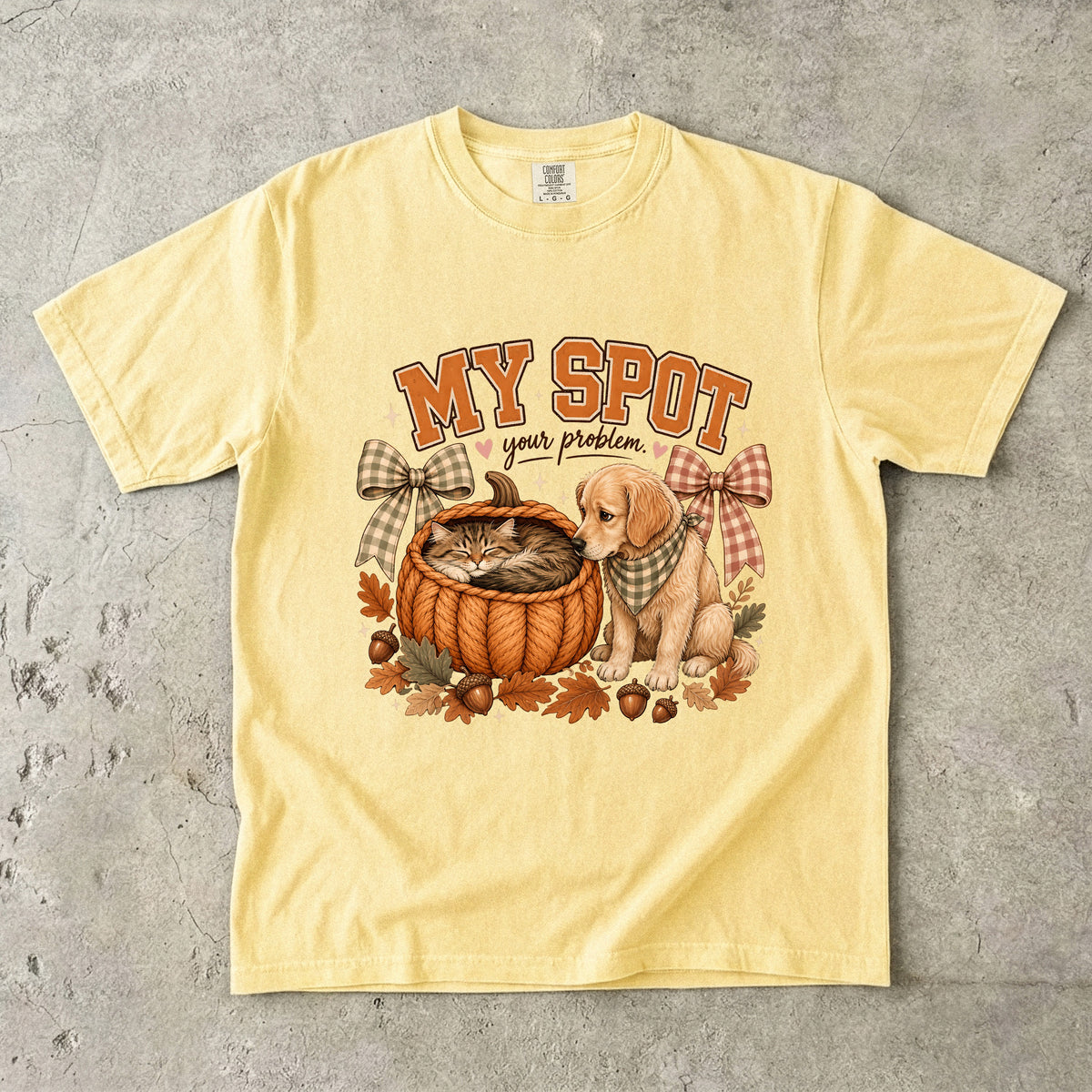 My Spot Your Problem Funny Cat & Dog Fall Shirt | Cute Kitten In Pumpkin Basket Golden Retriever Tee | Cottagecore Cat Mom Dog Mom Shirt