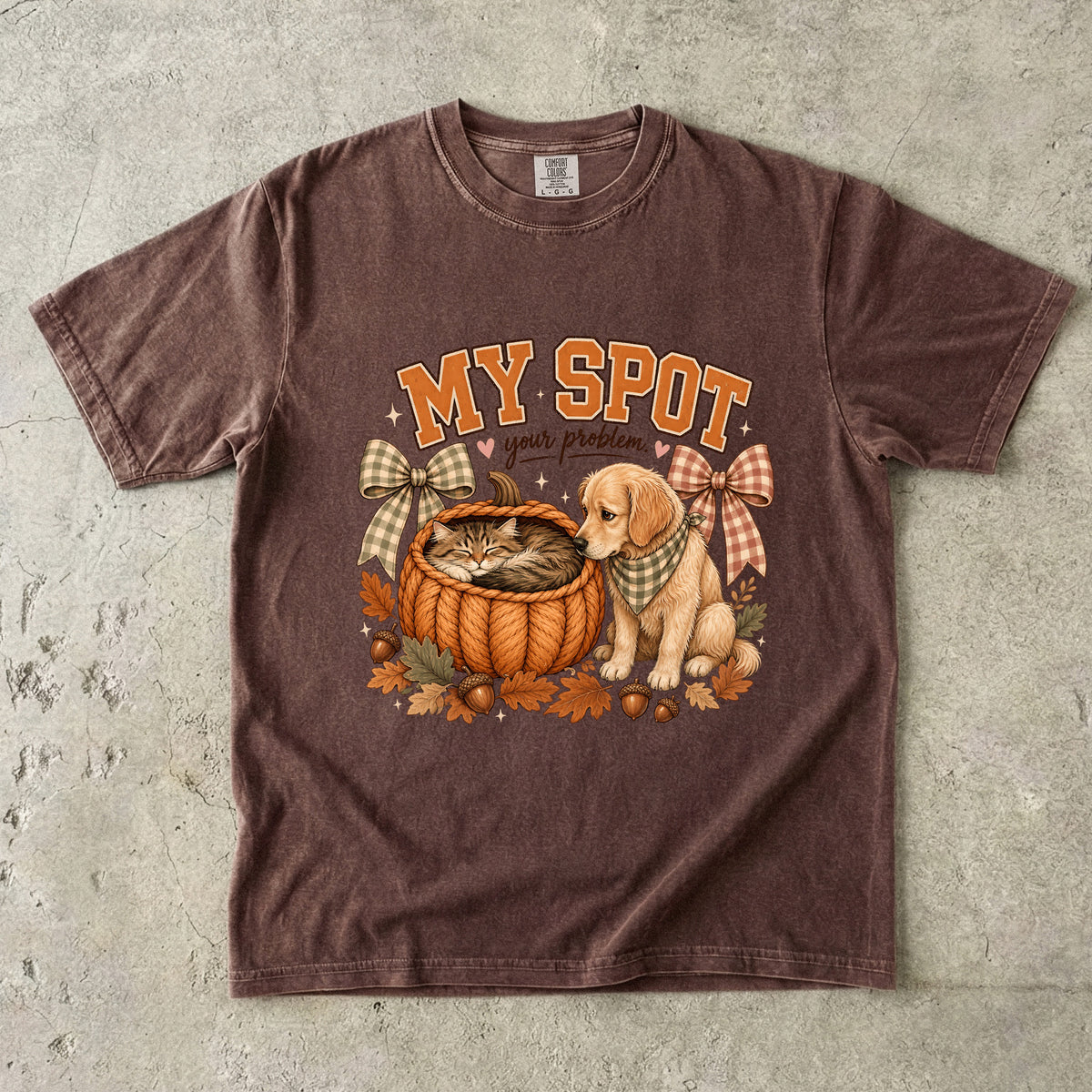 My Spot Your Problem Funny Cat & Dog Fall Shirt | Cute Kitten In Pumpkin Basket Golden Retriever Tee | Cottagecore Cat Mom Dog Mom Shirt