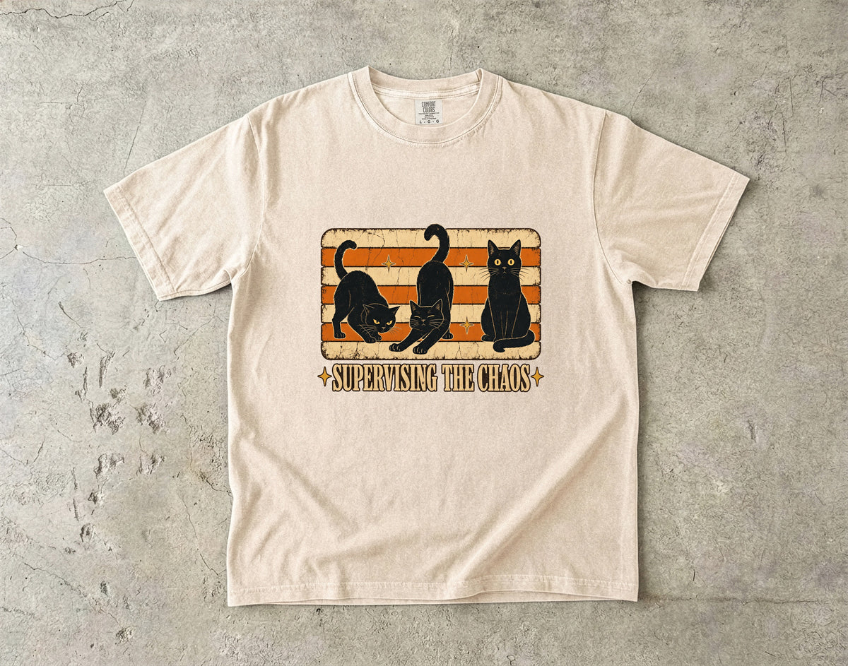 Supervising The Chaos Funny Black Cat Halloween Shirt | Vintage Retro Three Black Cats Tee | Funny Cat Mom Halloween Shirt