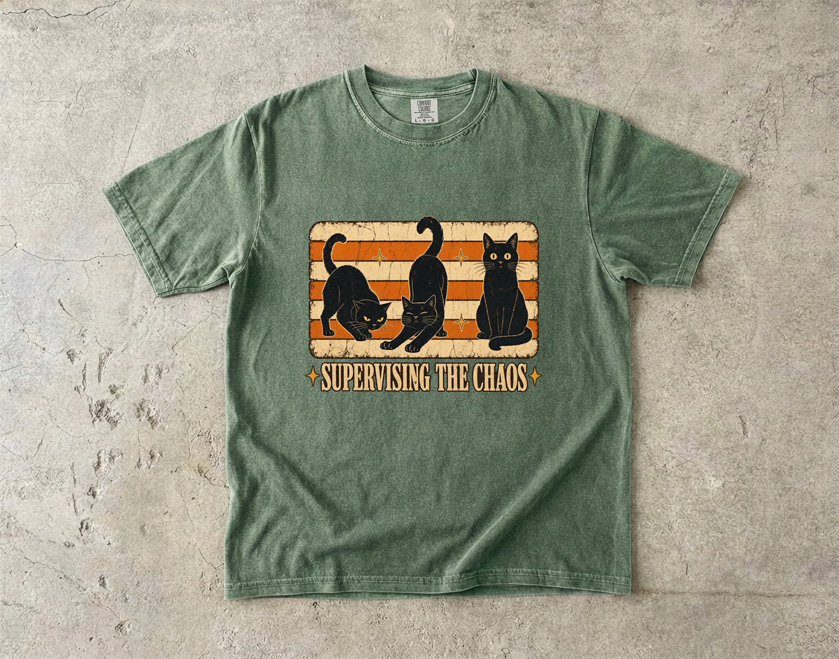Supervising The Chaos Funny Black Cat Halloween Shirt | Vintage Retro Three Black Cats Tee | Funny Cat Mom Halloween Shirt