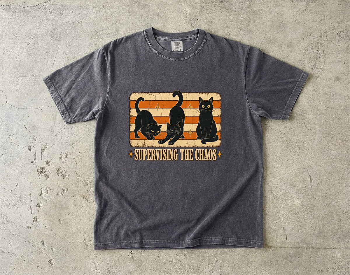 Supervising The Chaos Funny Black Cat Halloween Shirt | Vintage Retro Three Black Cats Tee | Funny Cat Mom Halloween Shirt