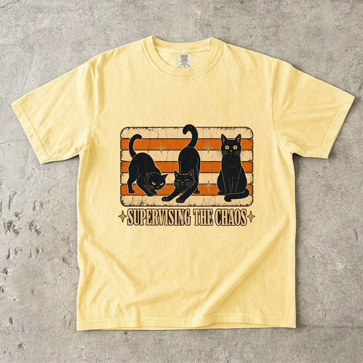 Supervising The Chaos Funny Black Cat Halloween Shirt | Vintage Retro Three Black Cats Tee | Funny Cat Mom Halloween Shirt