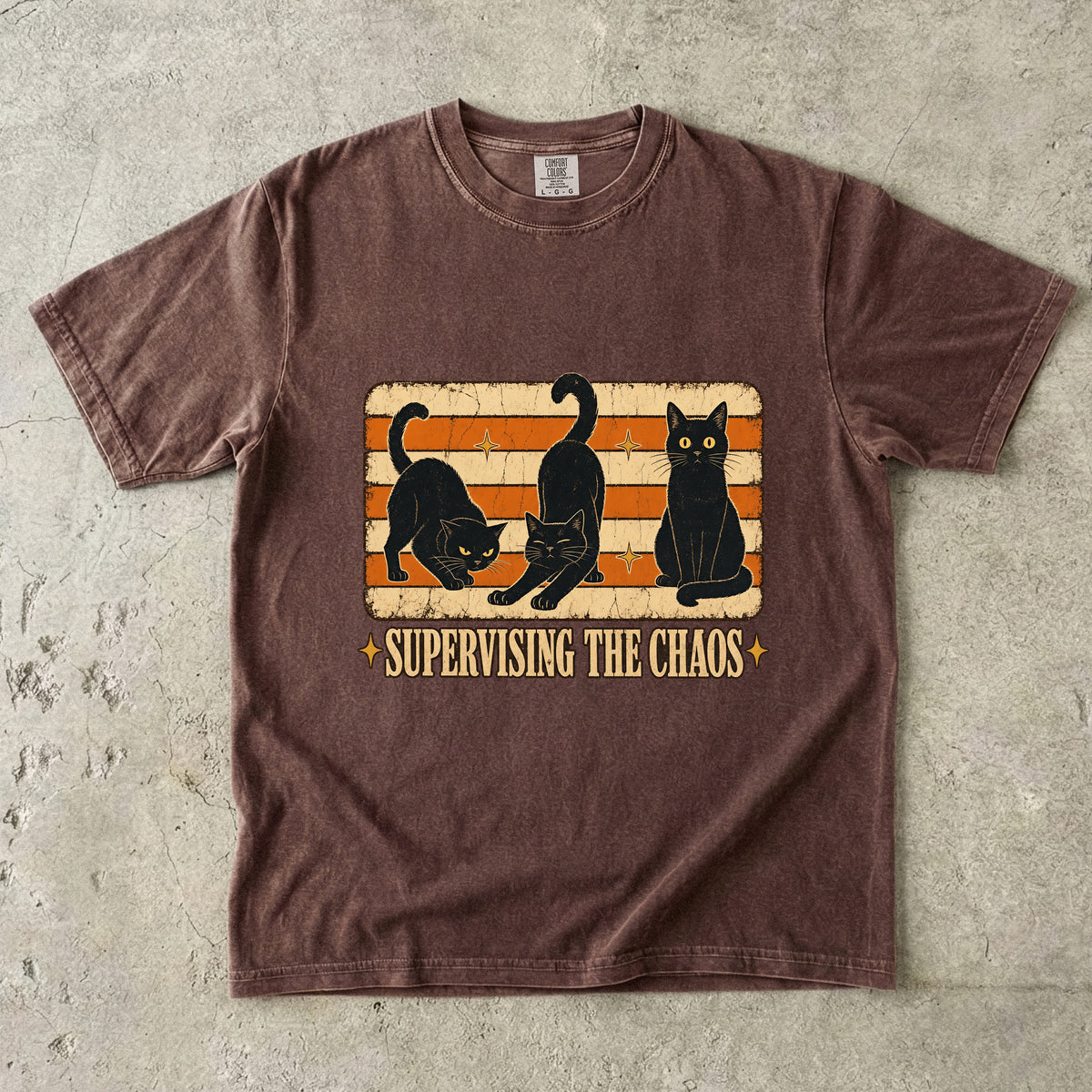 Supervising The Chaos Funny Black Cat Halloween Shirt | Vintage Retro Three Black Cats Tee | Funny Cat Mom Halloween Shirt