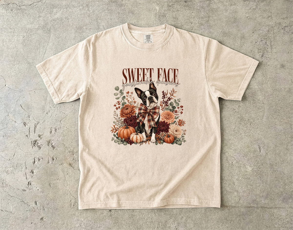 Sweet Face Questionable Decisions Funny Boston Terrier Fall Shirt | Floral Pumpkin Autumn Dog Tee | Cute Dog Mom Fall Shirt
