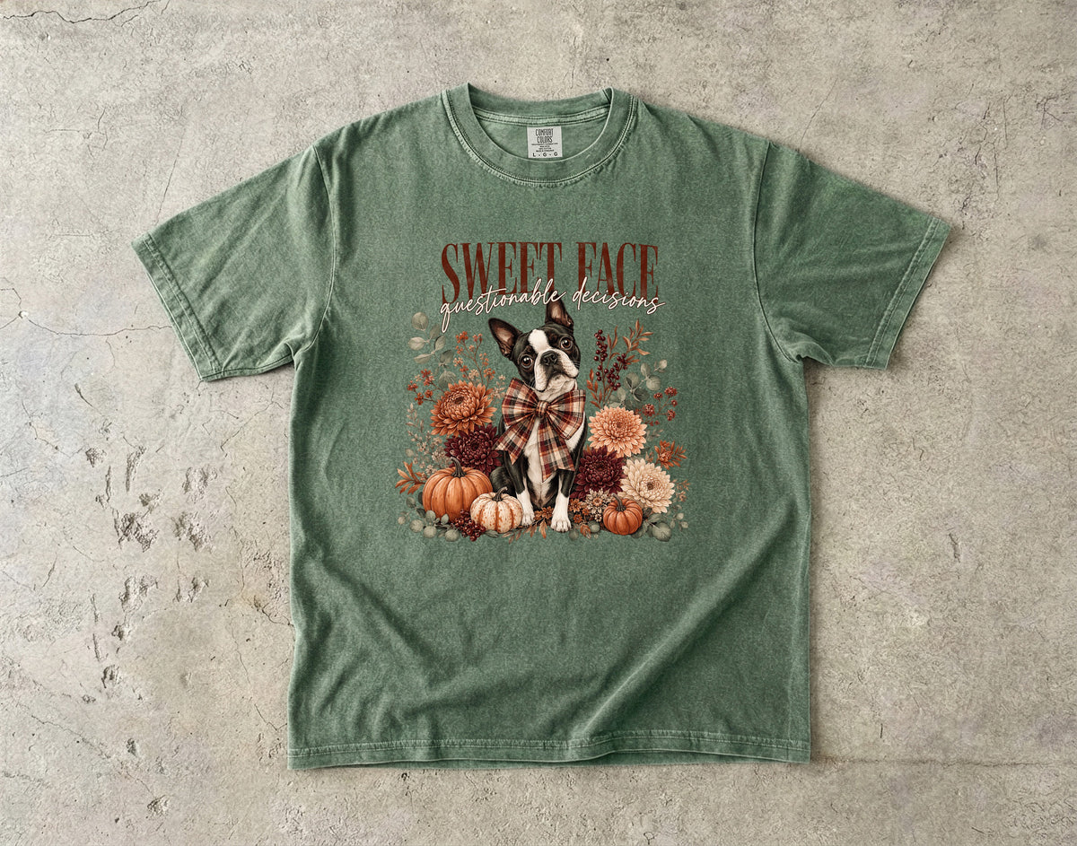 Sweet Face Questionable Decisions Funny Boston Terrier Fall Shirt | Floral Pumpkin Autumn Dog Tee | Cute Dog Mom Fall Shirt